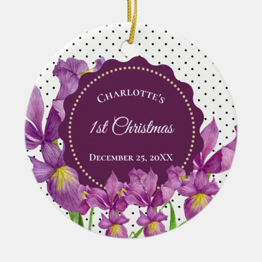 Wasserfarben Lila Iris Botanische Polka Dots Keramik Ornament (Vorne)