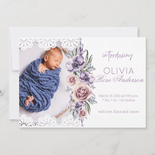 Wasserfarben Lila Mädchen Geburtserklärung Einladung (Vorderseite)