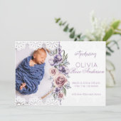 Wasserfarben Lila Mädchen Geburtserklärung Einladung (Stehend Vorderseite)