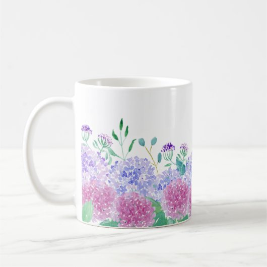 Wasserfarben Lila und Blaue Hydrangeas Kaffeetasse (Links)