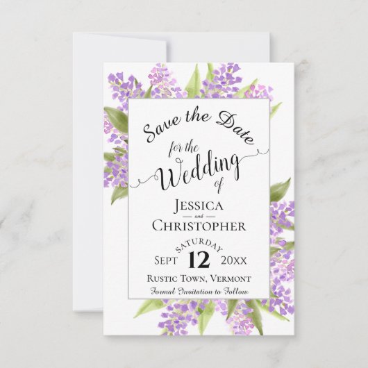 Wasserfarben Lilacs & Calligraphy Einfache Hochzei Save The Date (Vorderseite)