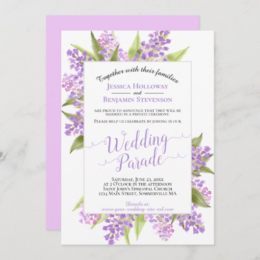 Wasserfarben-Lilacs-Hochzeitsparade/Empfang Einladung (Vorne/Hinten)