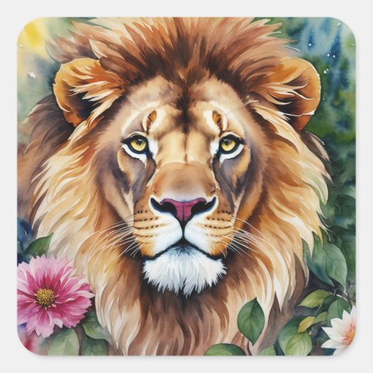 Wasserfarben-Lion-Flora-Art Quadratischer Aufkleber (Vorderseite)