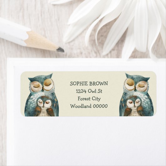 Wasserfarben-Mama-Eule und Owlet-Rücksendeadresse (Insitu)