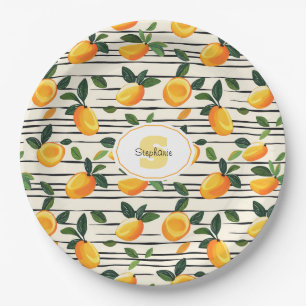 Wasserfarben-Mango-Muster mit grünen Blätter Pappteller