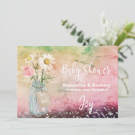 *~* Wasserfarben Mason Jar Floral Rustic Baby Dusc Einladung (Stehend Vorderseite)