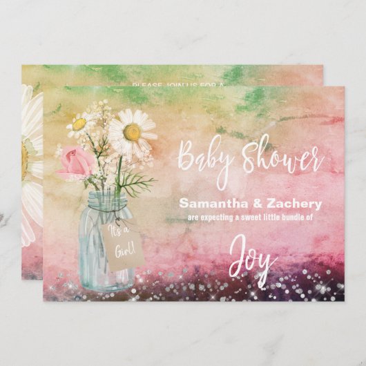 *~* Wasserfarben Mason Jar Floral Rustic Baby Dusc Einladung (Vorne/Hinten)