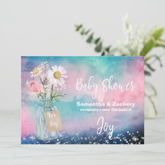 *~* Wasserfarben Mason Jar Rustic Baby Dusche Flor Einladung (Stehend Vorderseite)