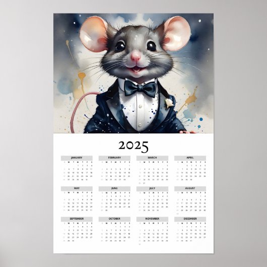 Wasserfarben-Maus tragen Tuxedo 2025 Mauerkalender Poster (Vorne)