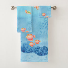 Wasserfarben-Meeresleben in Blau. Name und niedlic Badhandtuch Set