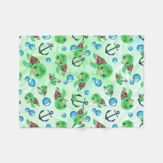 Wasserfarben-Meeresschildkröten-Anker und Blasen Fleecedecke (Vorderseite (Horizontal))