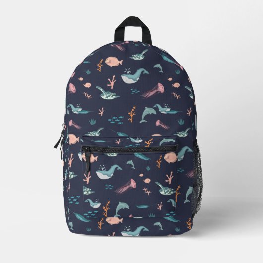 Wasserfarben Meerestiere Blaues Muster Bedruckter Rucksack (Vorderseite)