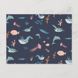 Wasserfarben Meerestiere Blaues Muster Feiertagspostkarte