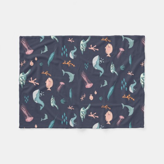 Wasserfarben Meerestiere Blaues Muster Fleecedecke (Vorderseite (Horizontal))