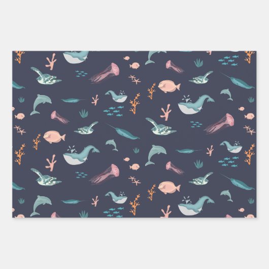 Wasserfarben Meerestiere Blaues Muster Geschenkpapier Set (Vorderseite 3)
