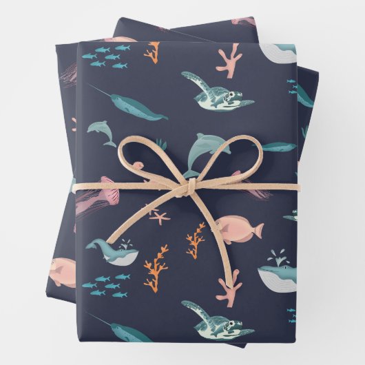 Wasserfarben Meerestiere Blaues Muster Geschenkpapier Set (Beispiel)