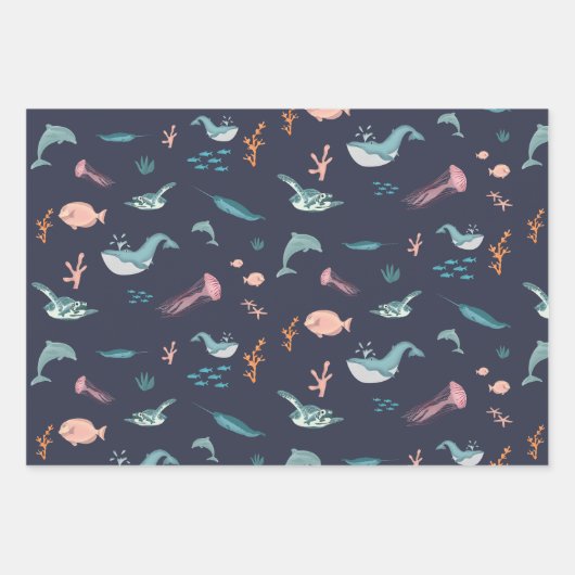 Wasserfarben Meerestiere Blaues Muster Geschenkpapier Set (Vorderseite)