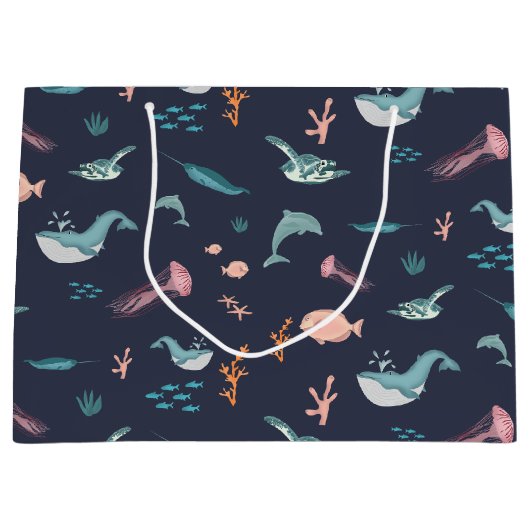 Wasserfarben Meerestiere Blaues Muster Große Geschenktüte (Vorderseite)