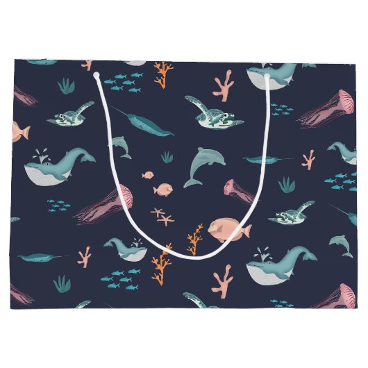 Wasserfarben Meerestiere Blaues Muster Große Geschenktüte (Rückseite)