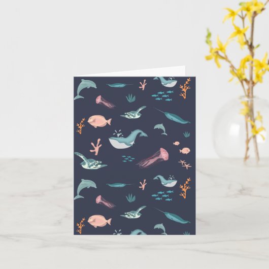 Wasserfarben Meerestiere Blaues Muster Karte (Gelbe Blume)