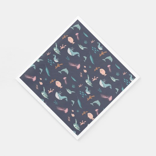 Wasserfarben Meerestiere Blaues Muster Serviette (Ecke)