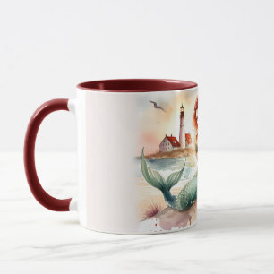Wasserfarben-Meerjungfrau am Leuchtturmufer Tasse