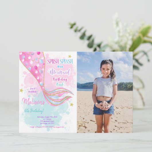 Wasserfarben Meerjungfrau Kinder Foto Einladung (Stehend Vorderseite)