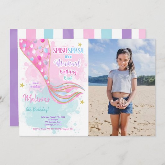 Wasserfarben Meerjungfrau Kinder Foto Einladung (Vorne/Hinten)