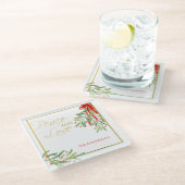 Wasserfarben-Mistletoe & Gold | Personalisierter U Glasuntersetzer (Schrägansicht)