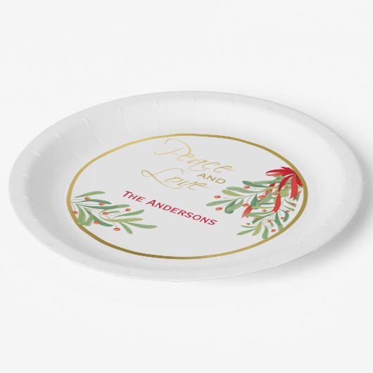 Wasserfarben-Mistletoe & Gold | Personalisierter U Pappteller (Schrägansicht)