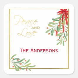 Wasserfarben-Mistletoe & Gold | Urlaub Quadratischer Aufkleber
