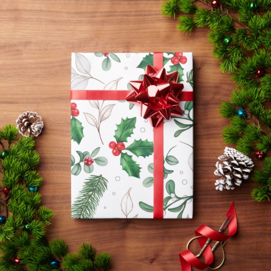 Wasserfarben-Mistletoe und Kiefernzweig Geschenkpapier (Feiertagsgeschenk)