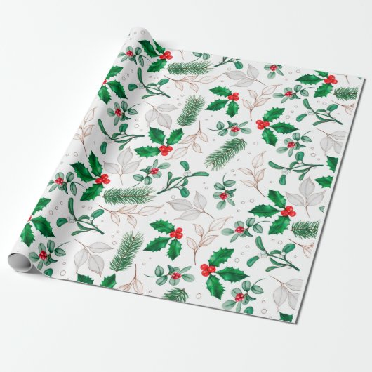 Wasserfarben-Mistletoe und Kiefernzweig Geschenkpapier (Ungerollt)