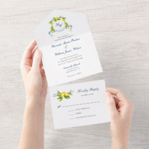 Wasserfarben-Monogramm-Wappen-Hochzeit mit Zitrone All In One Einladung