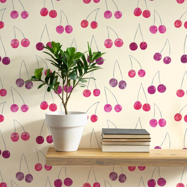 Wasserfarben-Muster Tapete (Sweet watercolor cherry pattern art wallpaper In cream)