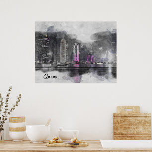 Wasserfarben-Nachtkatar-Poster - Skyline von Doha  Poster