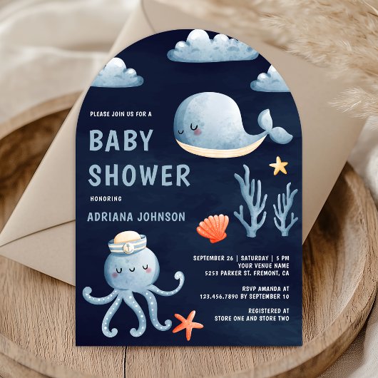 Wasserfarben Nautical Navy Blue Arch Baby Dusche Einladung