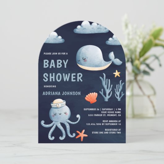 Wasserfarben Nautical Navy Blue Arch Baby Dusche Einladung (Stehend Vorderseite)