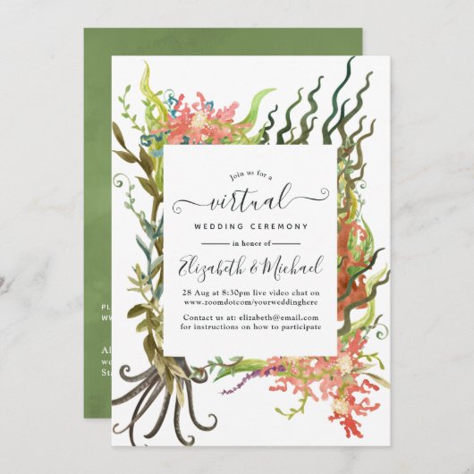 Wasserfarben Nautical Seaweed Online Virtual Weddi Einladung (Vorne/Hinten)