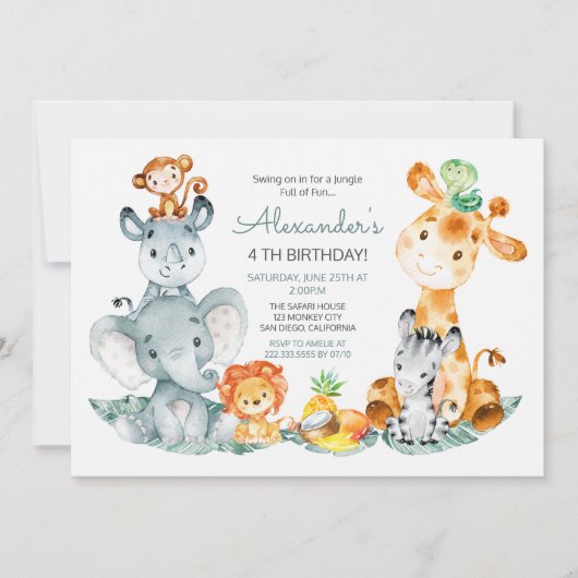 Wasserfarben Niedlich Safari Jungle Tiere Geburtst Einladung (Vorderseite)