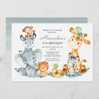 Wasserfarben Niedlich Safari Jungle Tiere Geburtst Einladung