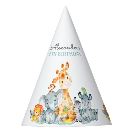 Wasserfarben Niedlich Safari Jungle Tiere Geburtst Partyhütchen (Vorderseite)