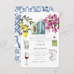 Wasserfarben Olive Blue tile Griechenland Hochzeit Einladung