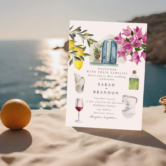 Wasserfarben Olive Blue tile Griechenland Hochzeit Einladung