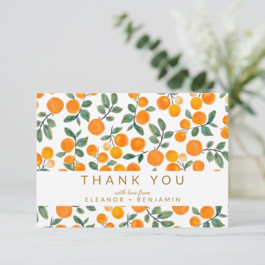Wasserfarben Orange Citrus Custom Wedding Dankeskarte (Stehend Vorderseite)