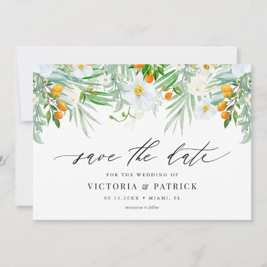 Wasserfarben-Orchideen und Kumquats-Sommerhochzeit Save The Date (Vorderseite)