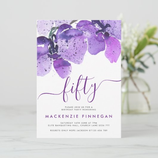 Wasserfarben Orchids Violet Fiftieth Birthday Part Einladung (Stehend Vorderseite)