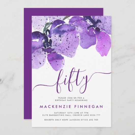 Wasserfarben Orchids Violet Fiftieth Birthday Part Einladung (Vorne/Hinten)