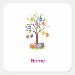Wasserfarben-Osterbaum mit hängenden verzierten Ei Quadratischer Aufkleber