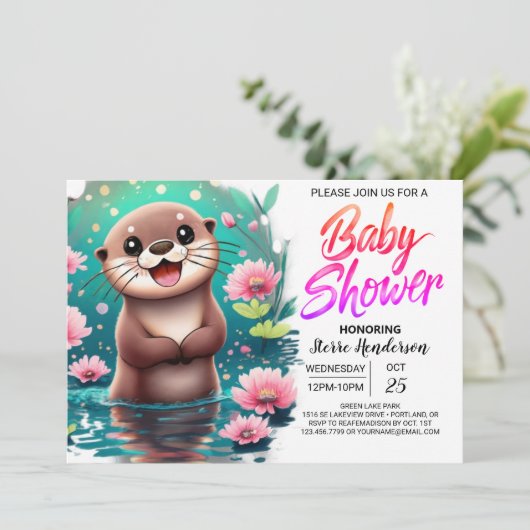 Wasserfarben Otter Custom Baby Dusche Einladung (Stehend Vorderseite)